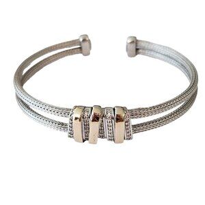 Dyadema Sterling Silver 14K Clear CZ Double Band Cuff Bracelet, Signed L167